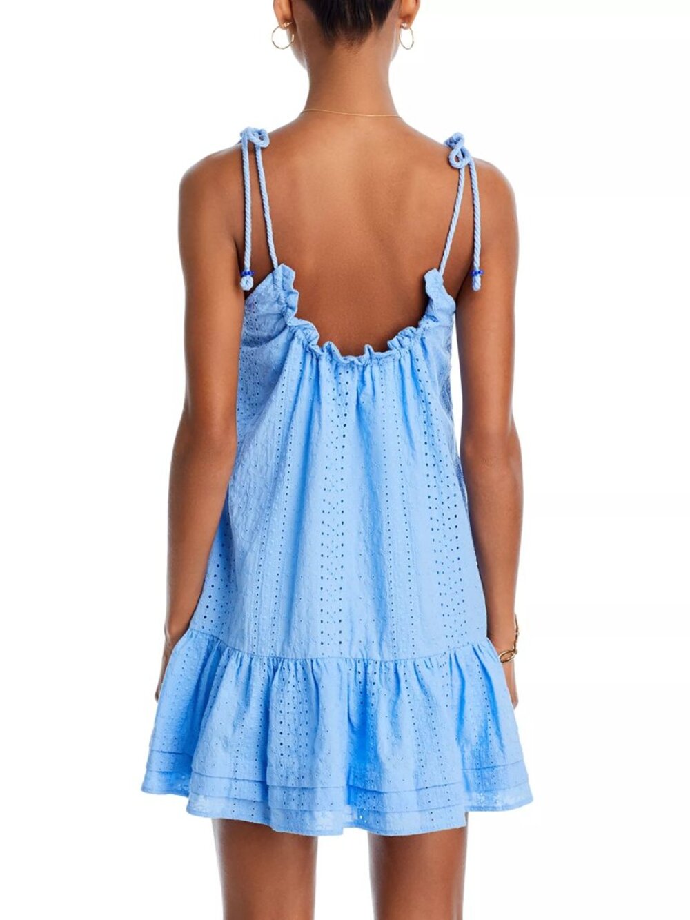 370$ Poupette St. Barth Billie Eyelet strappy Mini Dress Size XS Light Blue - Picture 2 of 3